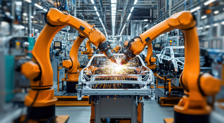 Industrial automation production line with robotic welding arms